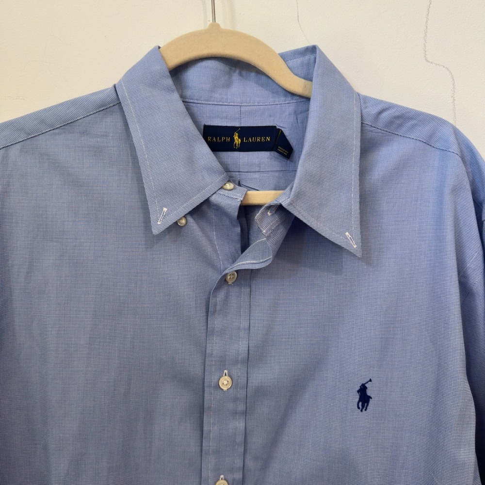 Ralph Lauren Oxford Shirt Mens 17.5 32/33 Blue Micro Check 100% Cotton Classic